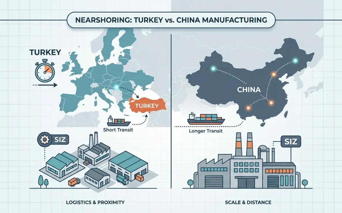 Strategic comparison map showing the 3-day road route from Turkey to Europe vs. the 45-day sea route from China.