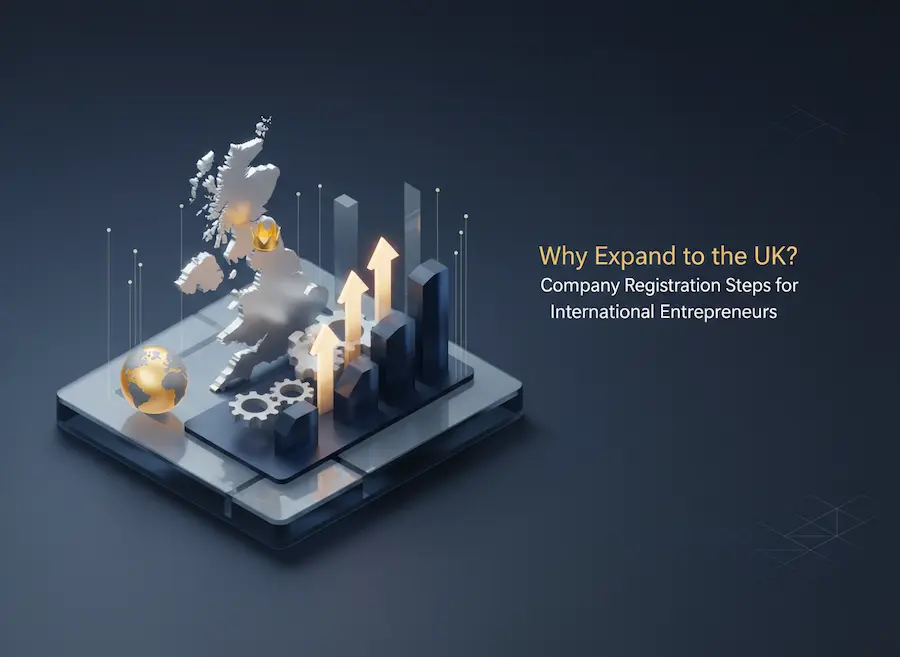 Step-by-step infographic for international entrepreneurs registering a limited company in the UK, including Companies House and HMRC steps.