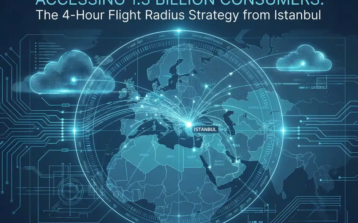 Strategic map illustrating Istanbul's 4-hour flight radius covering 1.3 billion consumers in Europe, MENA, and CIS.