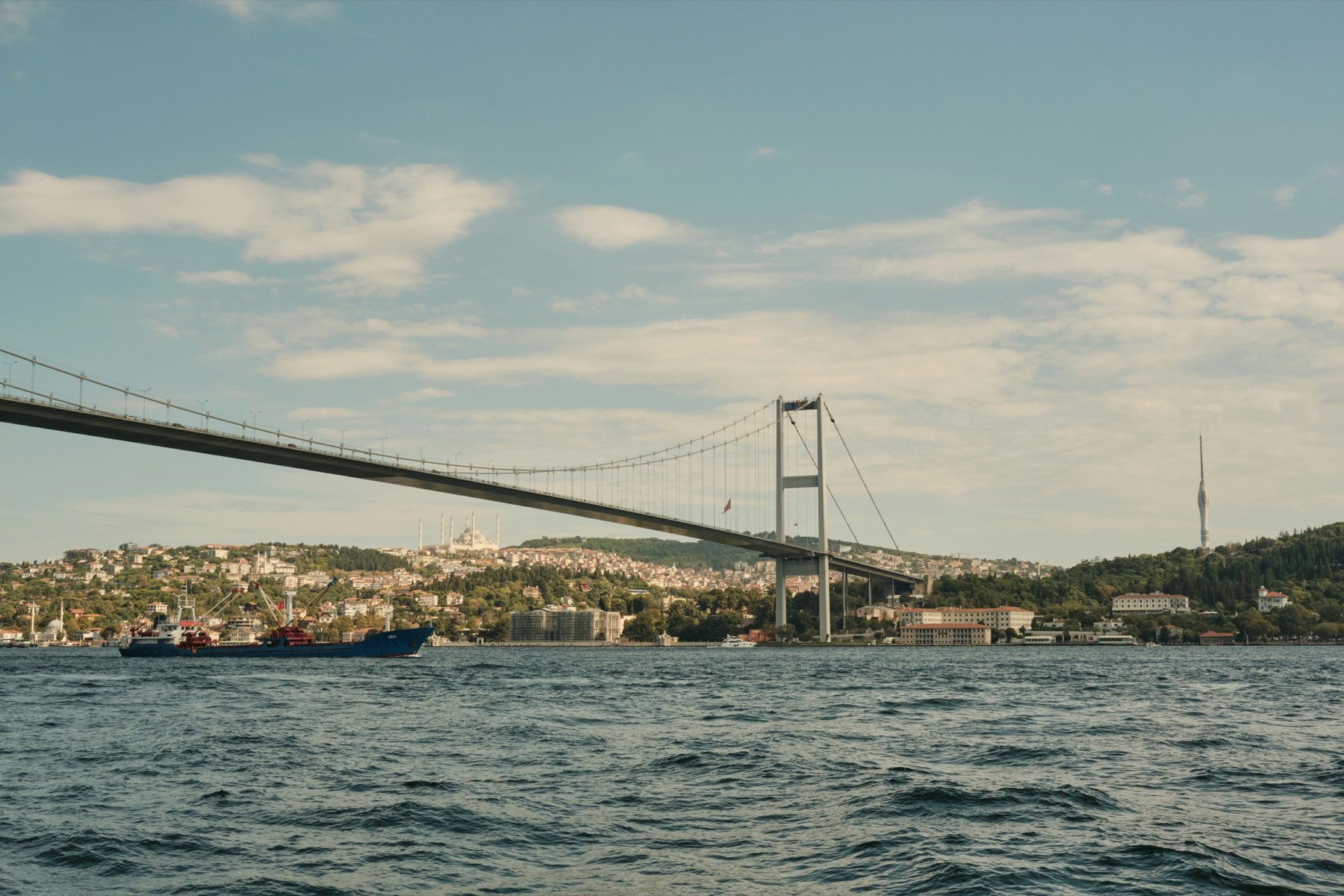 Cargo ship passing under the Bosphorus Bridge, representing Turkey's trade flow with the European Union
